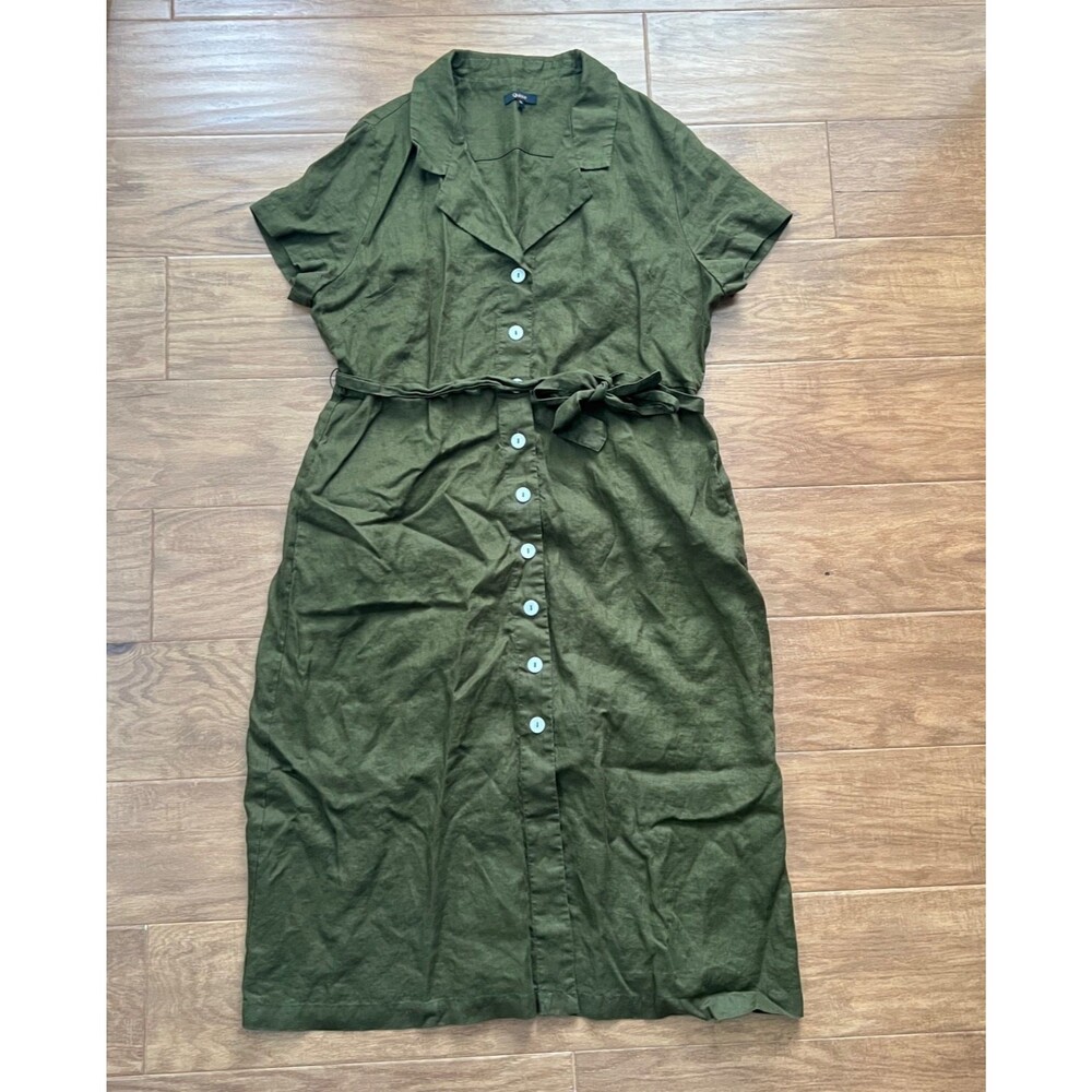 Quince 100% European Linen Button-Front Dress Size XL Martini Olive Green Belted